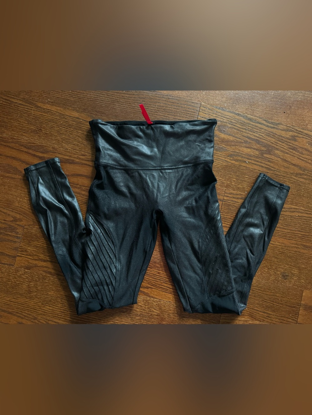 SPANX Black Faux Leather-Look Leggings with Red Logo Tab